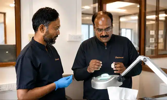 Cosmetic dentist and master dental technician collaborating on a veneer case